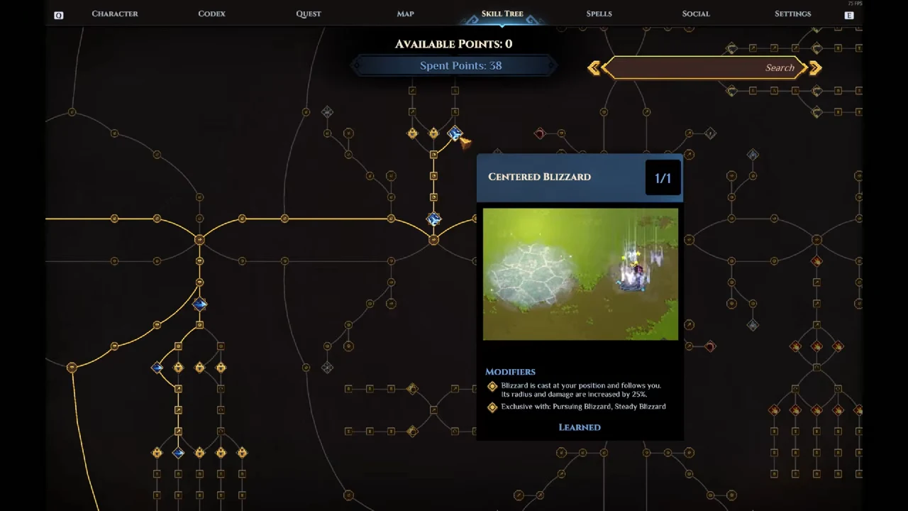 Centered Blizzard tooltip with following behavior, 25% radius and damage increases, and exclusive Pursuing and Steady Blizzard choices