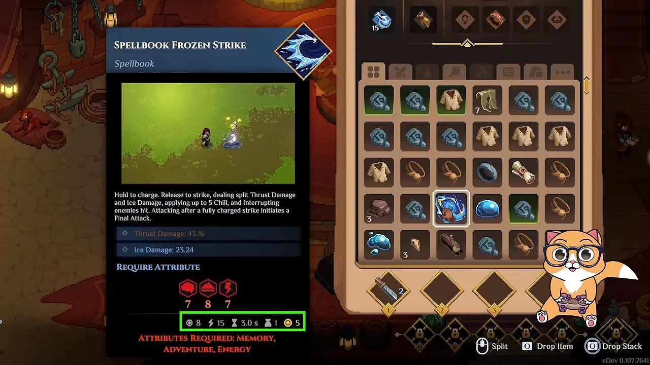 Frozen Strike spellbook tooltip with Thrust and Ice Damage, learning requirements and resource costs