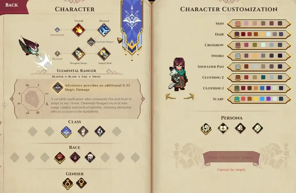 Human Magician Elemental Ranger creation panel with Sword/Crossbow, Fireball, Blizzard, Weapon Swap and Aimed Shot