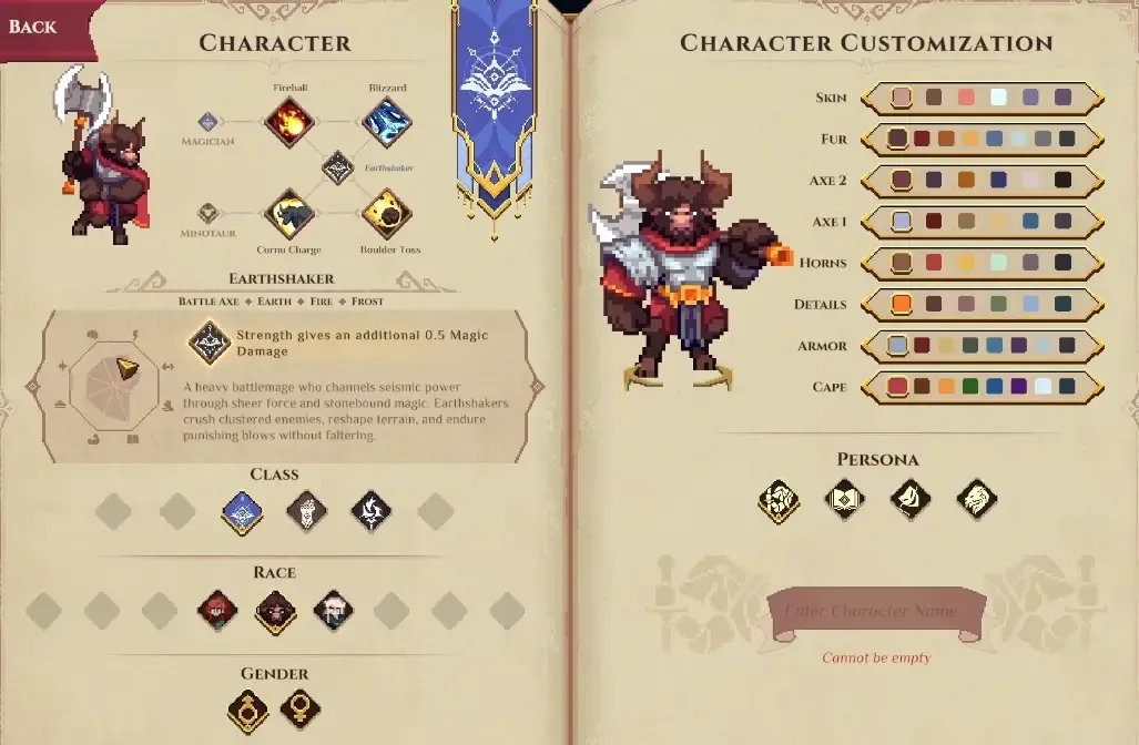 Minotaur Magician Earthshaker creation panel with its Strength contribution to Magic Damage