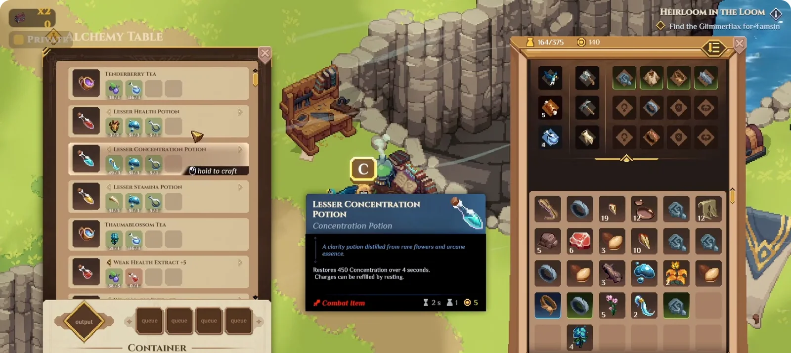 Dimraeth Alchemy Table showing Lesser Health Potion and Weak Health Extract +5 recipes