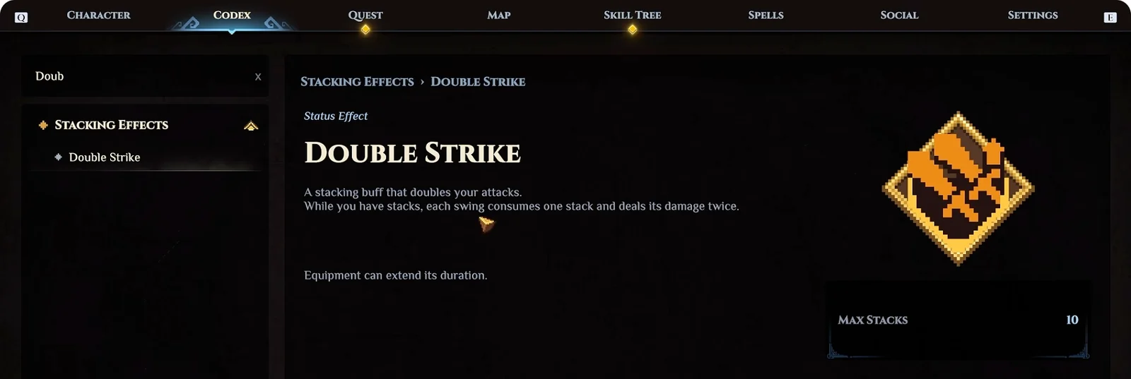 Dimraeth Double Strike Codex entry showing how each swing consumes a stack