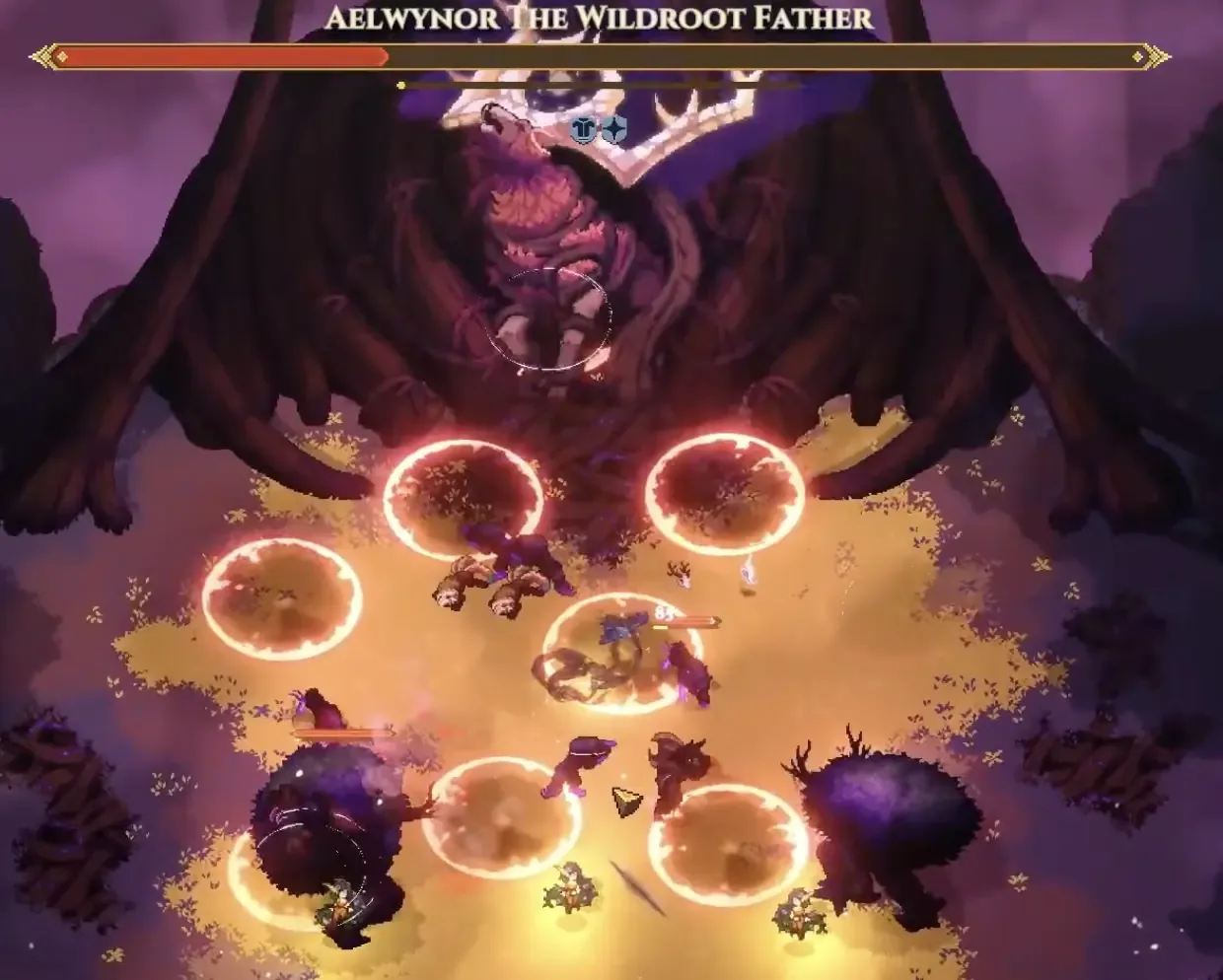Forest King arena with multiple circular ground hazards and additional enemies