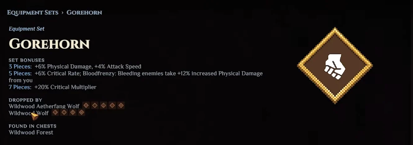 Dimraeth Gorehorn Codex entry with three, five, and seven piece bonuses and wolf drop sources