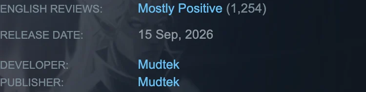 Dimraeth listing recording September 15, 2026 as its release date and Mudtek as developer and publisher