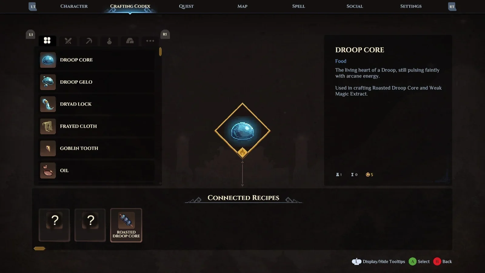 Dimraeth Crafting Codex with Droop Core selected and connected recipes beneath