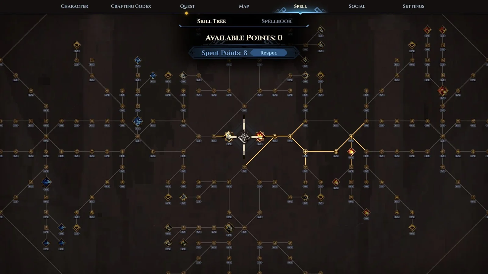 Dimraeth skill tree with connected nodes, spent points and a Respec control