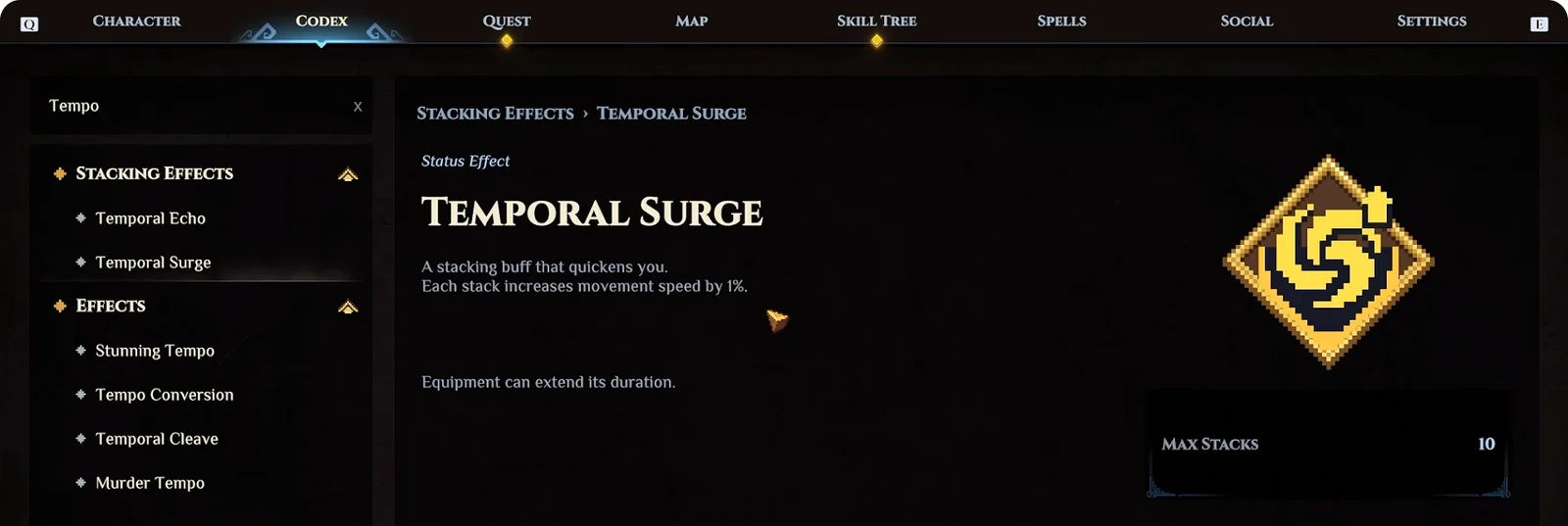 Dimraeth Temporal Surge Codex entry showing movement speed per stack and maximum stacks