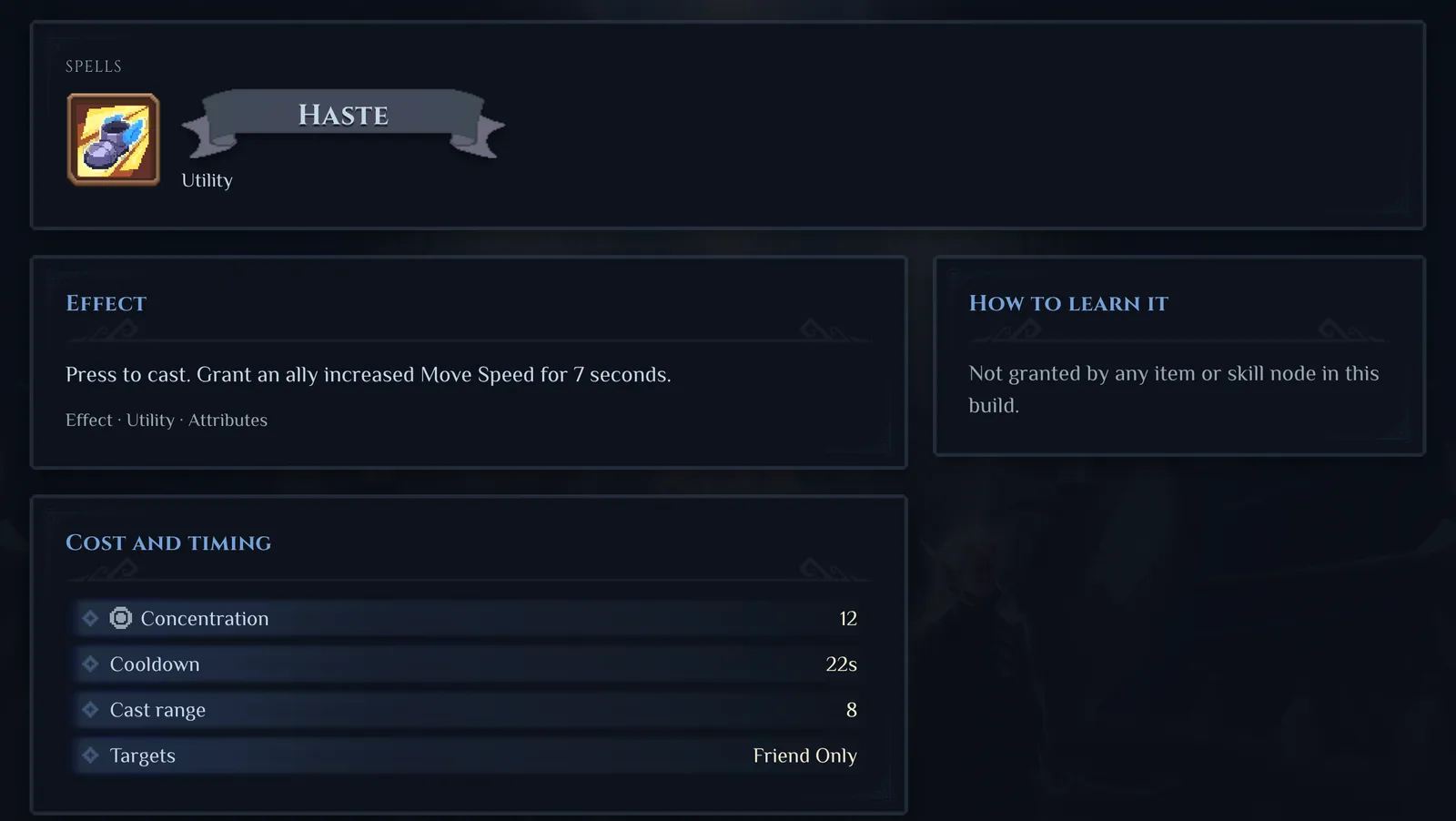 Haste spell entry showing an ally movement-speed effect and its timing