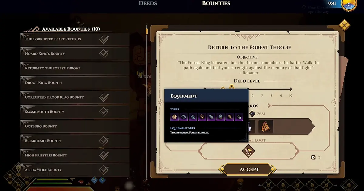 Dimraeth bounty reward tooltip showing equipment and set information
