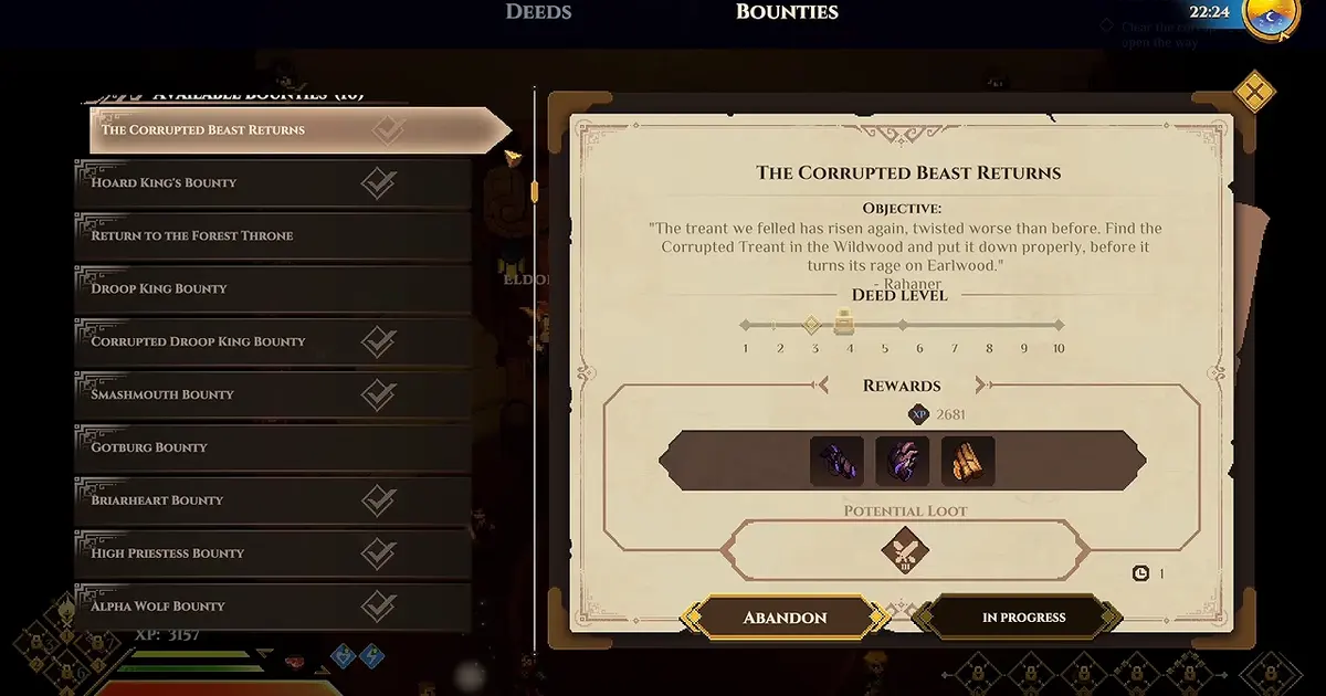 Dimraeth Corrupted Beast Returns activity showing Deed levels and potential loot