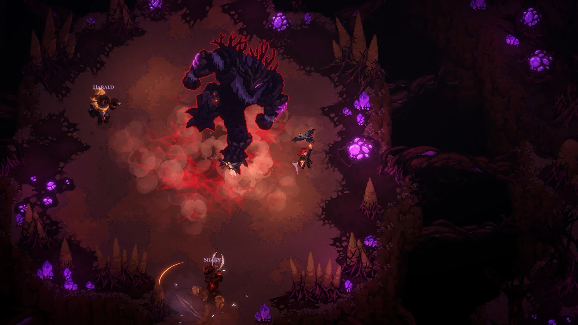 Official Dimraeth Steam screenshot showing several characters fighting a large enemy in a cavern