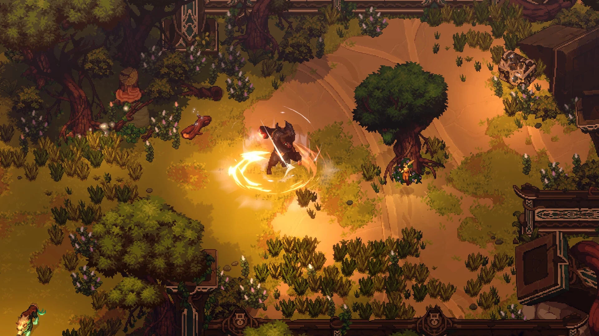 Official Dimraeth Steam screenshot showing a horned character making a circular melee attack
