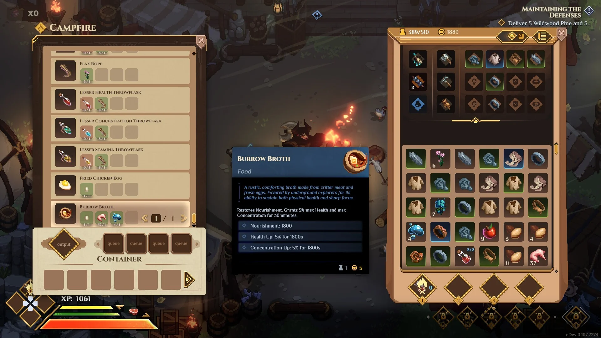 Official Dimraeth Steam screenshot showing campfire cooking and the inventory