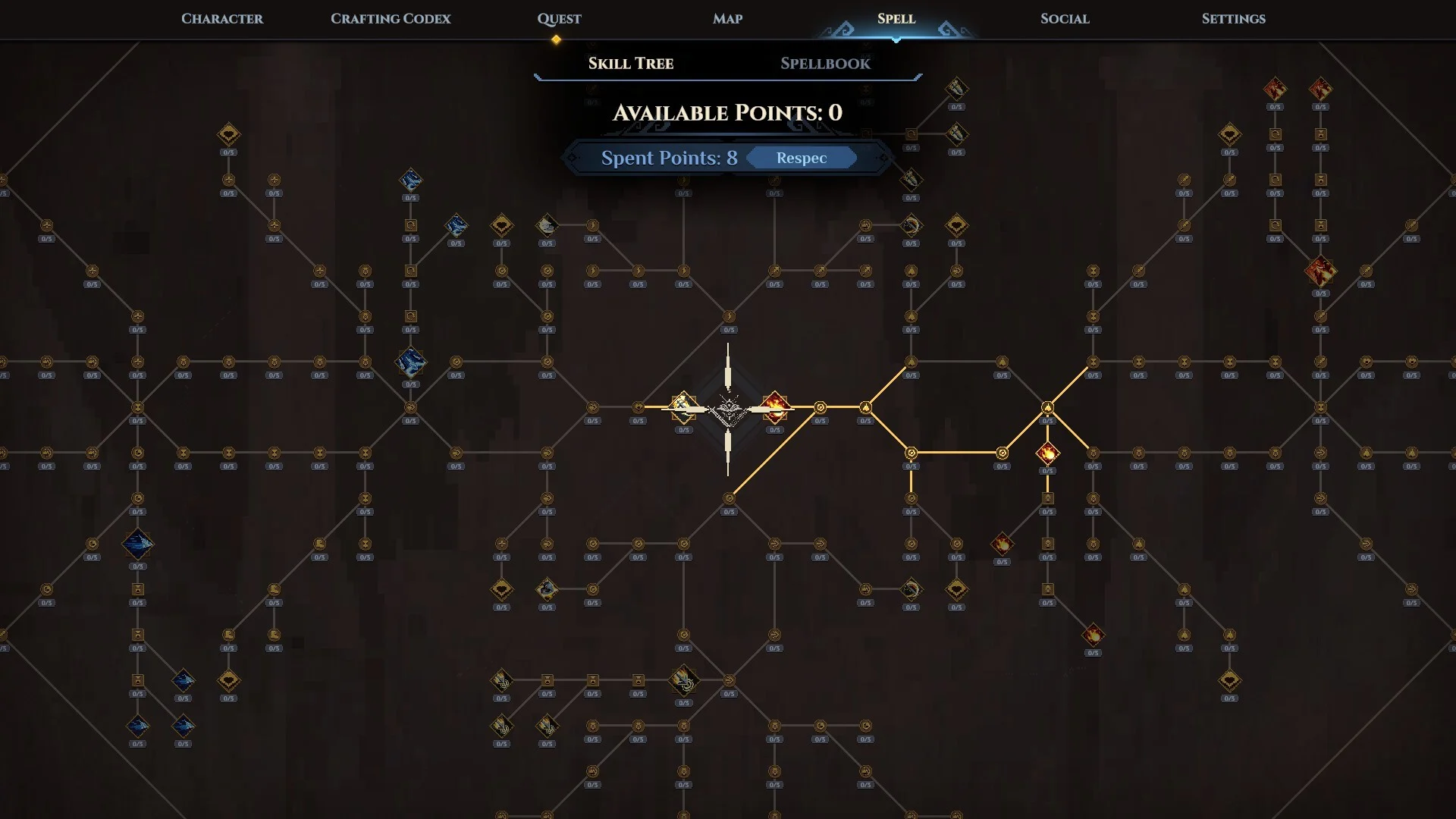 Official Dimraeth Steam screenshot showing connected skill-tree nodes and an eight-point allocation