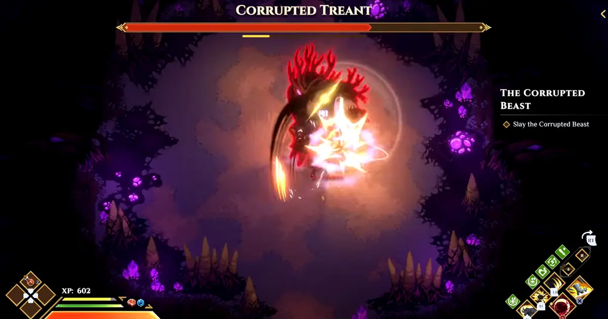 Dimraeth Corrupted Treant boss fight with the combat HUD visible