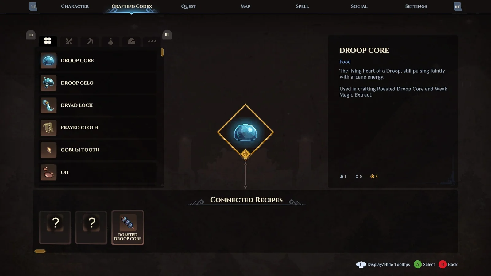 Dimraeth Crafting Codex showing ingredient relationships in a development screenshot