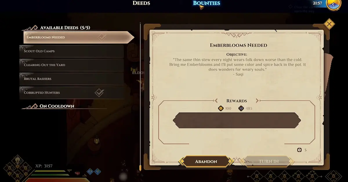 Dimraeth Deed Board showing available Deeds and their rewards