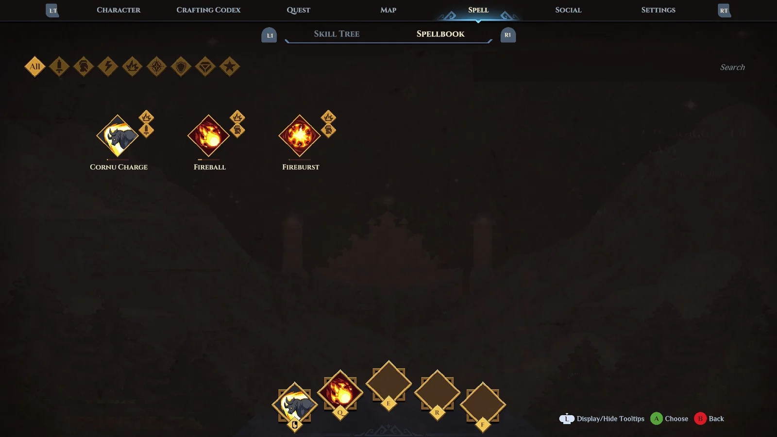 Dimraeth Spellbook tab with Cornu Charge and Fireball assigned below the spell collection
