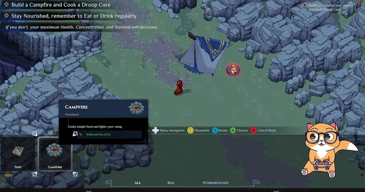 Dimraeth Sanctum Tent and Campfire with the Campfire build entry open